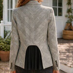 Iris Setlakwe Mixed Media Charcoal Wool Blend Plaid Cropped Back Pleated Jacket